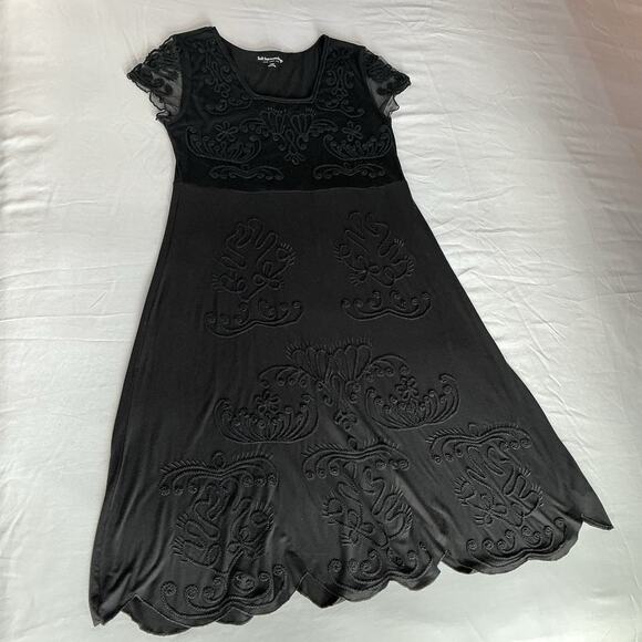 Soft Surroundings Dress Black Raised Embroidery Flutter Lace Sleeves Size Large - Picture 1 of 8